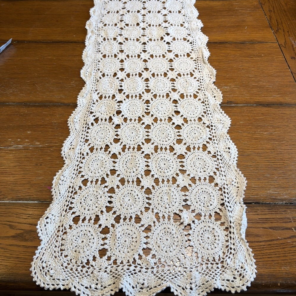 Beautiful Vintage Handmade Crochet Off White Beige Lace Table Runner 48" By 12"
